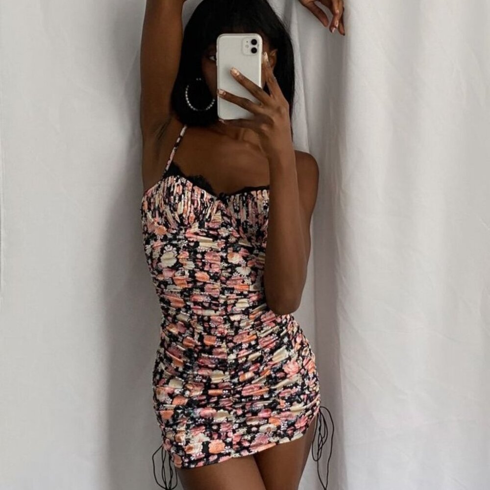 For Love & Lemons ruched drawstring satin floral teddy mini dress - Picture 3 of 8